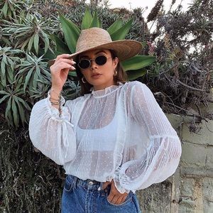 White Puff Sleeve Mesh Top